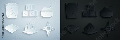 Set Khinkali on cutting board, Rice bowl with chopstick, Paper chinese or japanese folding fan, Japanese ninja shuriken, Sushi and Rstaurant opened take out box filled icon. Vector