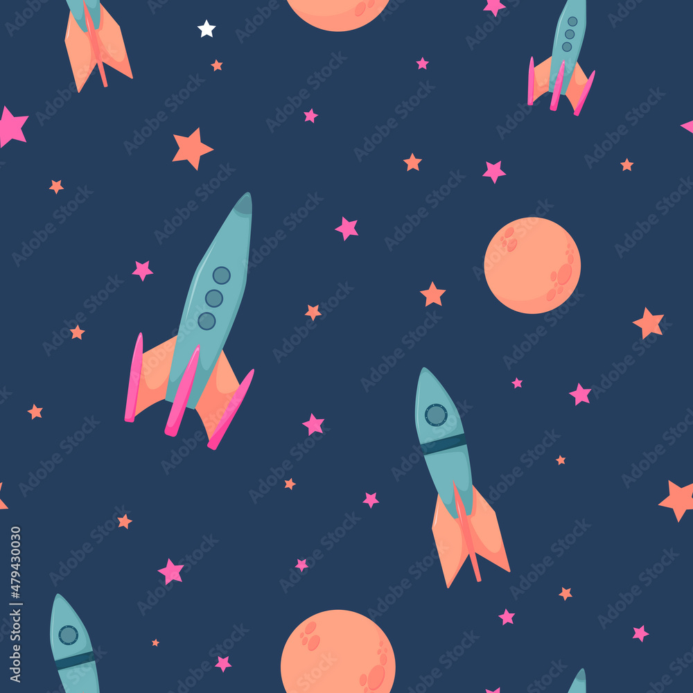 Rockets seamless pattern. Background with rockets, moon and stars on dark blue. Print illustration for children, nursery, wrapping paper, apparel. Space pattern. Rockets seamless pattern. Background with rockets, moon and stars on dark blue. Print illustration for children, nursery, wrapping paper, apparel. Space pattern.
