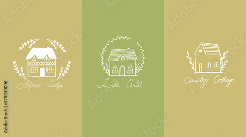 Collection of the hand drawn home, house logos, icons and gardens. Vector illustrations. Lodge, cottage logo concept