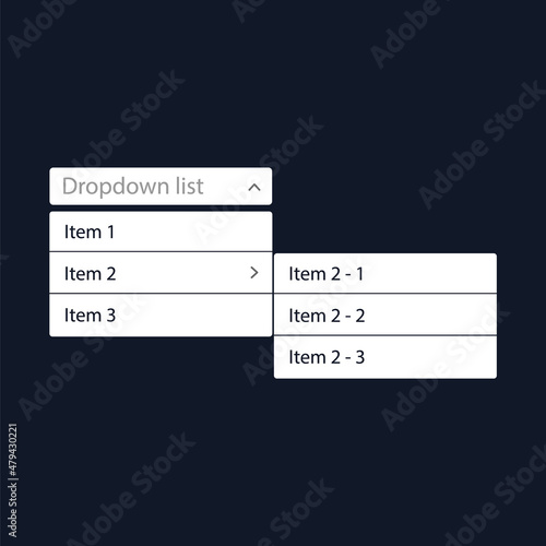 Drop-down list with menu items for the website. With a child drop-down list. The view is in the expanded state. User interface for the website and application. Vector illustration.