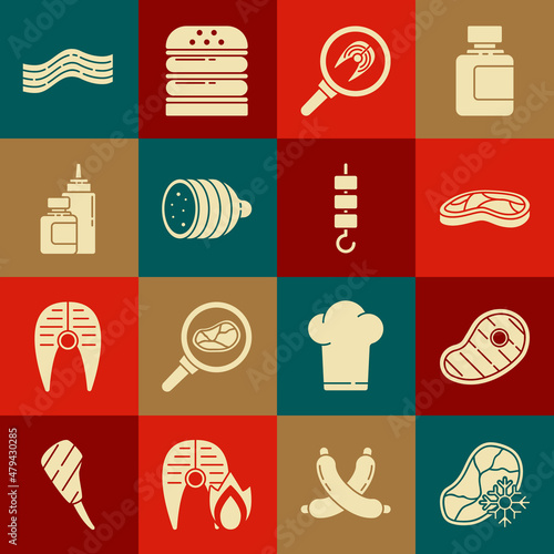 Set Fresh frozen steak meat, Steak, Fish in frying pan, Salami sausage, Sauce bottle, Bacon stripe and Grilled shish kebab skewer stick icon. Vector
