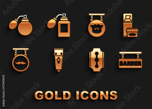 Set Electrical hair clipper or shaver, Shaving gel foam, Barbershop, Blade razor, Aftershave bottle with atomizer and icon. Vector