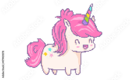 Vector illustration of a kawaii unicorn in pixel art style.