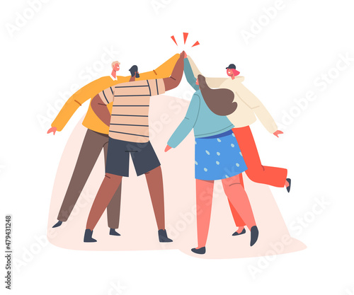 Characters Team Celebrate Triumph. Men and Women Feeling Positive Emotions Giving Highfive to Each Other, Achievement