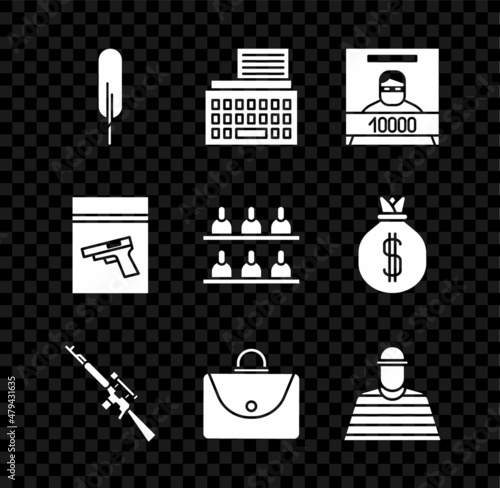 Set Feather pen, Retro typewriter, Wanted poster, Sniper rifle with scope, Briefcase, Prisoner, Evidence bag and pistol or gun and Jurors icon. Vector