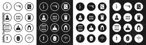 Set Evidence bag and bullet, Jurors, Judge, Police rubber baton, Prison cell door, Pistol gun with silencer, wig and window icon. Vector