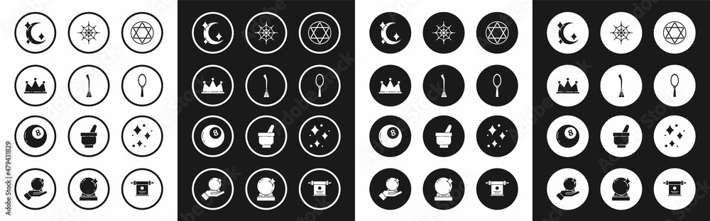 Set Star of David, Witches broom, Crown, Moon and stars, Magic hand mirror, Spider web, Sparkle with magical glitter and ball predictions icon. Vector
