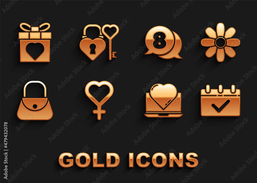 Set Female gender symbol, Flower, Calendar with 8 March, Online dating app and chat, Handbag, speech bubble, Gift box heart and Castle key shape icon. Vector Set Female gender symbol, Flower, Calendar with 8 March, Online dating app and chat, Handbag, speech bubble, Gift box heart and Castle key shape icon. Vector