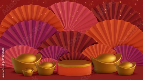 Abstract minimal scene red color design for cosmetic or product display podium 3d render. Chinese new year  podium display mockup on red abstract background with hand paper fan. 3d rendered image.