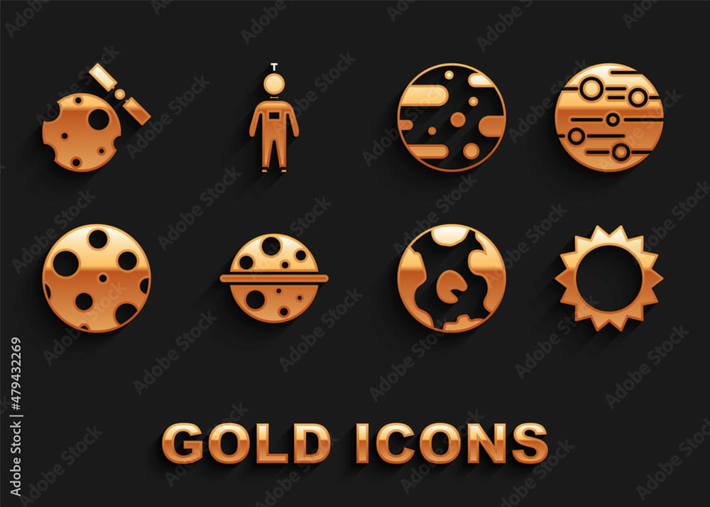 Set Planet Saturn, Mars, Sun, Earth globe, Moon, Satellites orbiting the planet and Astronaut icon. Vector Set Planet Saturn, Mars, Sun, Earth globe, Moon, Satellites orbiting the planet and Astronaut icon. Vector