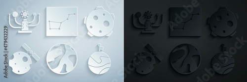 Set Planet, Satellites orbiting the planet Earth, Moon with flag, Great Bear constellation and Solar system icon. Vector