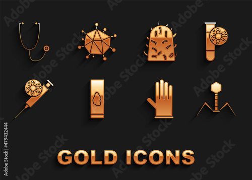 Set Blood test and virus, Test tube with, Bacteria bacteriophage, Medical rubber gloves, Syringe, Rabies, Stethoscope and Virus icon. Vector