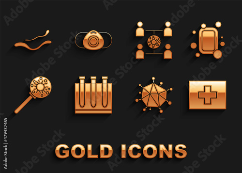 Set Blood test and virus, Bar of soap, First aid kit, Virus, under magnifying glass, spread, Ebola disease and Medical protective mask icon. Vector