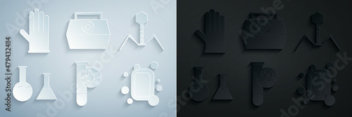 Set Test tube with virus, Bacteria bacteriophage, and flask, Bar of soap, First aid kit and Medical rubber gloves icon. Vector