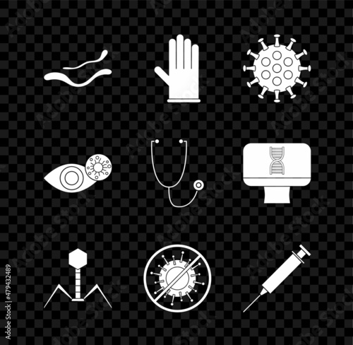 Set Ebola virus disease, Medical rubber gloves, Virus, Bacteria bacteriophage, Stop, Syringe, Reddish eye due and Stethoscope icon. Vector