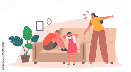 Family Characters Mother, Son and Daughter in Conflict Situation, Angry Woman Blaming and Scolding Kids