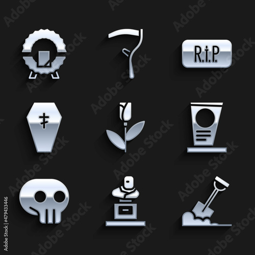 Set Flower rose, Grave with tombstone, Shovel in the ground, Skull, Coffin cross, Speech bubble rip death and Memorial wreath icon. Vector
