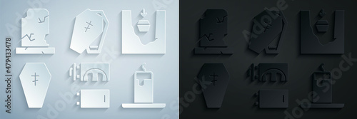 Set Crematorium, Coffin in grave, with cross, Burning candle, and Old tombstone icon. Vector