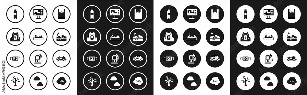 Set Plastic bag, Oil tanker ship, Polar bear head, Bottle of water, Earthquake, Television report, Car and Medical protective mask icon. Vector