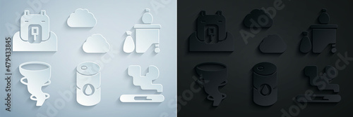 Set Barrel oil, Full dustbin, Tornado, Cigarette, Cloud and Polar bear head icon. Vector