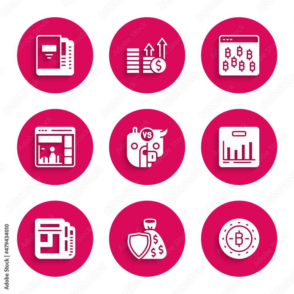 Set Bull and bear of stock market, Shield money bag, Bitcoin, Pie chart infographic, Stock news, Website with growth, browser and Office folders icon. Vector Set Bull and bear of stock market, Shield money bag, Bitcoin, Pie chart infographic, Stock news, Website with growth, browser and Office folders icon. Vector