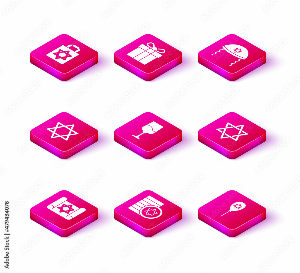 Set Torah scroll, Jewish coin, Star of David, goblet, Balloon with star david, kippah and Gift box icon. Vector Set Torah scroll, Jewish coin, Star of David, goblet, Balloon with star david, kippah and Gift box icon. Vector