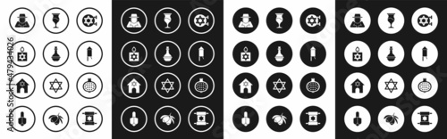 Set Jewish synagogue, wine bottle, Burning candle, Orthodox jewish hat, Firework rocket, goblet, Pomegranate and icon. Vector