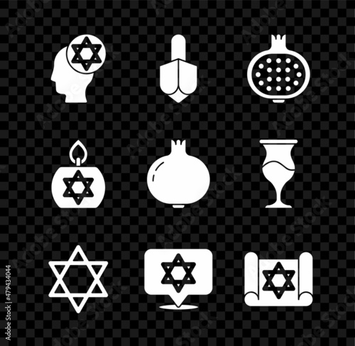 Set Orthodox jewish hat, Hanukkah dreidel, Pomegranate, Star of David, Torah scroll, Burning candle and icon. Vector