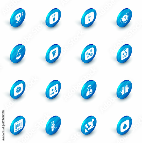 Set Test tube and flask, Pipette, Molecule, Plant breeding, Salt stone, Funnel or filter, Chemistry report and Medicine pill tablet icon. Vector
