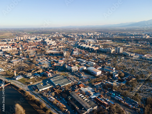 Aerial view of Maritsa river and panorama to City of Plovdiv, Bulgaria