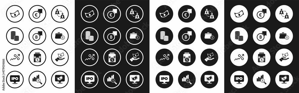Set Currency exchange, Financial growth and bitcoin, Coin money with dollar, Stacks paper cash, Wallet coins, euro, Hand holding and Percent up arrow icon. Vector Set Currency exchange, Financial growth and bitcoin, Coin money with dollar, Stacks paper cash, Wallet coins, euro, Hand holding and Percent up arrow icon. Vector