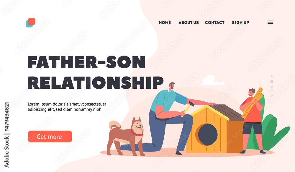 Father Son Relationship Landing Page Template. Dad and Son Building Dog Booth, Happy Family Characters Spend Time