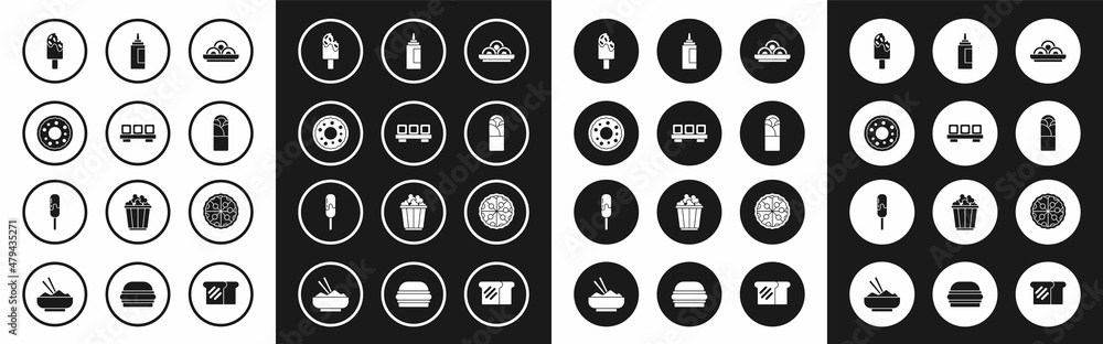 Set Asian noodles in bowl, Sushi on cutting board, Donut, Ice cream, Doner kebab, Sauce bottle, Pizza and icon. Vector
