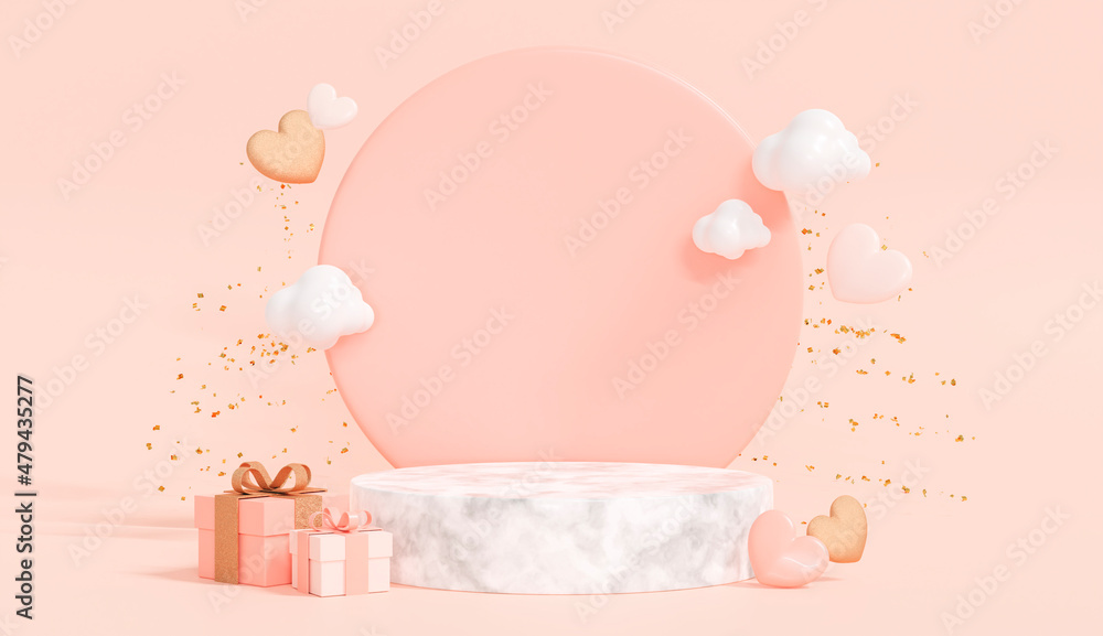Realistic background mockup with podium for product display. Gift boxes with hearts, clouds and confetti. Festive decorative objects for Valentine's, Mothers and Women's day. 3D Rendering