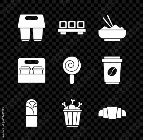 Set Coffee cup to go, Sushi on cutting board, Rice bowl with chopstick, Doner kebab, Chicken leg package box, Croissant, and Lollipop icon. Vector