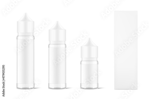 Set of vape bottle mockup with cardboard packaging box isolated on white background. Vector illustration. Can be used to present cigarette liquid, medical and other needs. EPS10.	