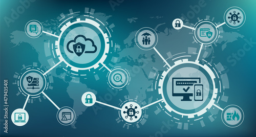 Cyber security vector illustration. Concept with icons related to international data protection, password safety & encryption, guarding privacy information, online firewall, secure digital login.