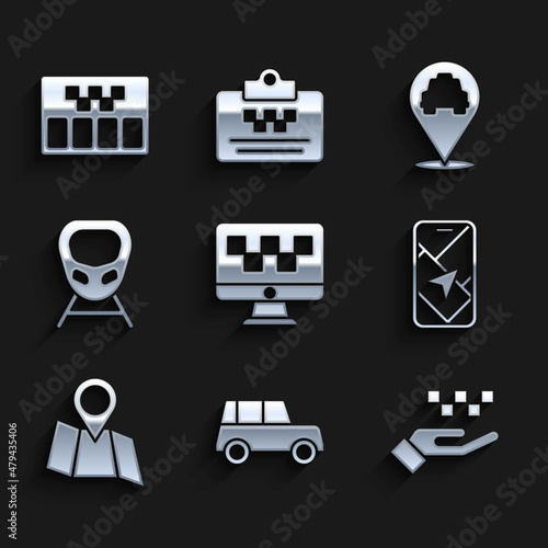 Set Computer call taxi service, Car, Hand with, City map navigation, Folded location, High-speed train, Location and Taximeter icon. Vector