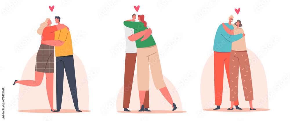 Loving Couples Hug, Romantic Relations Concept. Happy Men and Women Embracing and Hugging. Male Female Characters Love Loving Couples Hug, Romantic Relations Concept. Happy Men and Women Embracing and Hugging. Male Female Characters Love