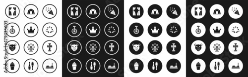 Set Festive confetti, Jester hat with bells, Unicycle or one wheel bicycle, Circus curtain raises, Juggling ball, tent, Attraction carousel and Bear head icon. Vector
