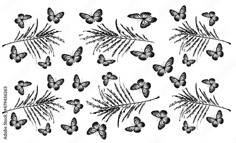 Obraz premium Pattern with butterflies on leaves in black and white on a white background. Suitable for curtains, wallpaper, fabrics, wrapping paper. 