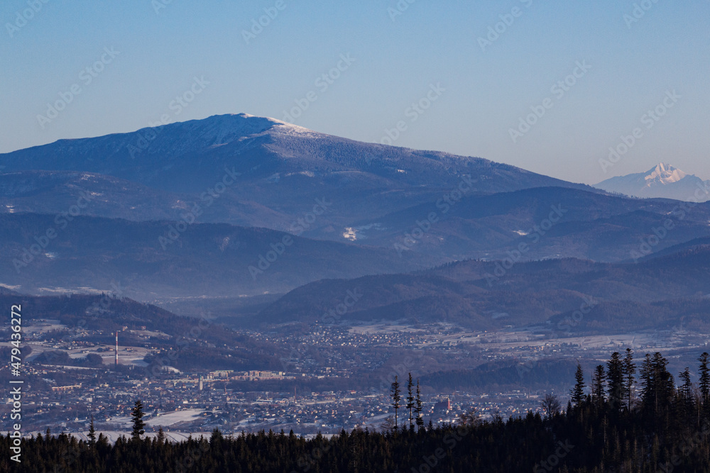 Winter view of the Slovak, Polish Tatra Mountains and Babia Gora Mountain from Beskid Slaski Mountains
