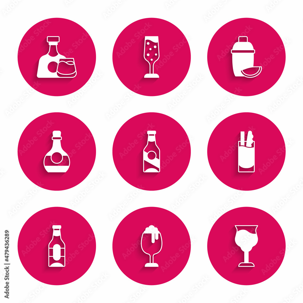 Set Beer bottle, Glass of beer, Wine glass, Cocktail Bloody Mary, Bottle cognac or brandy, shaker with lime and Whiskey icon. Vector Set Beer bottle, Glass of beer, Wine glass, Cocktail Bloody Mary, Bottle cognac or brandy, shaker with lime and Whiskey icon. Vector