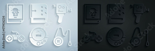 Set Music CD player, Retro cinema camera, Gamepad, Yoyo toy, Sound mixer controller and Photo icon. Vector