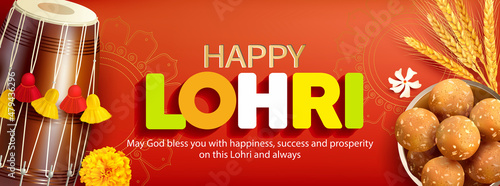 Greeting banner with traditional sweets laddu and dhol (drum) for Punjabi harvest festival Lohri (Pongal, Makar Sankranti). Vector illustration.