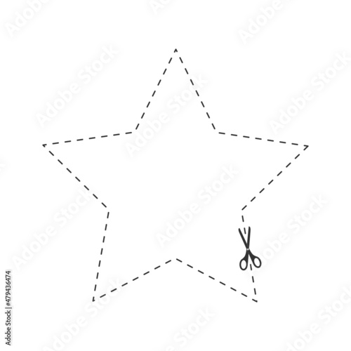 Scissors cutting dotted star shape. Cut here pictogram for paper discount coupons, vouchers, promo codes. Outline graphic vector illustration.