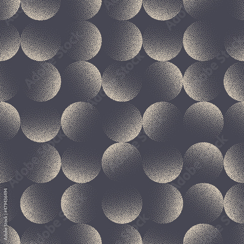 Circles Seamless Pattern Vector Stippled Abstract Background. Fashionable Modern Polka Dot Repetitive Grid Pattern. Halftone Dotted Texture Stylish Tileable Wallpaper. Retro Colours Art Illustration