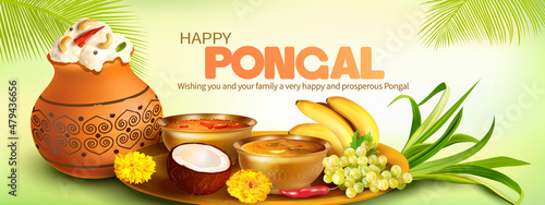 Greeting banner with traditional food and clay pot with rice (ven pongal) for Indian harvest festival Pongal (Makar Sankranti). Vector illustration. photo