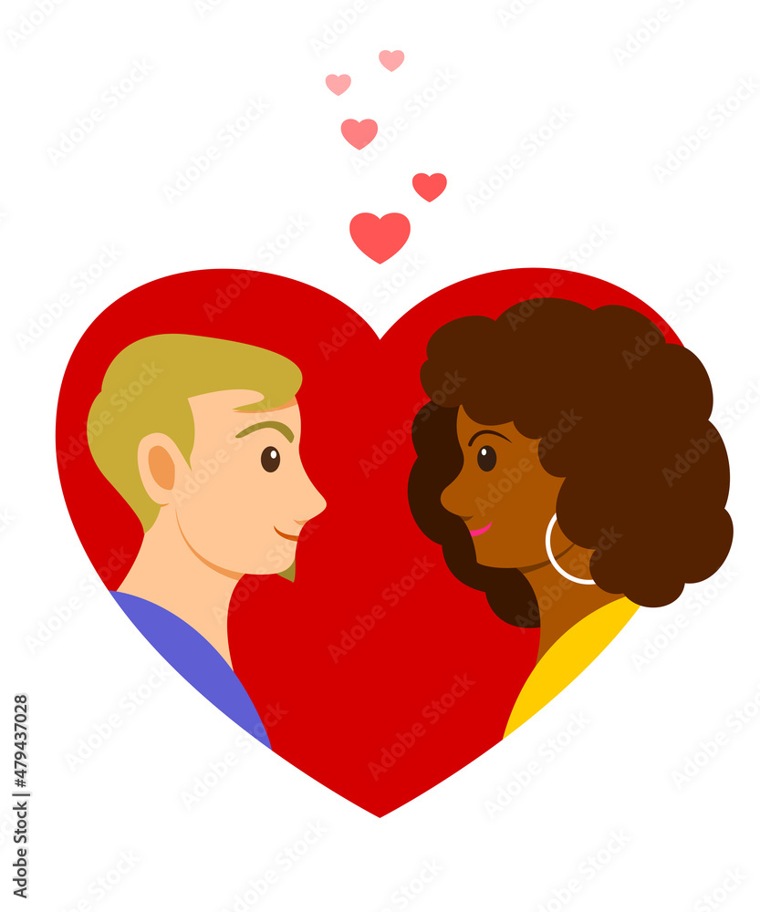 Couple of Caucasian Man and African Woman Falling in Love.
