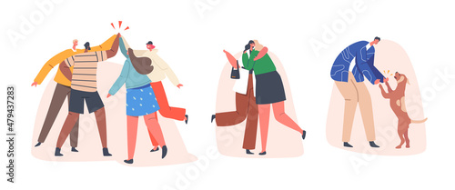 Male and Female Characters Greeting Each Other, Saying Hello in Different Manners. Various Hi Gestures, Beating Hands